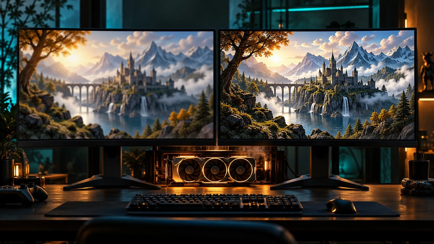 Two unbranded gaming monitors showing the same fantasy landscape, one softer and one extremely crisp, with a glowing graphics card between them