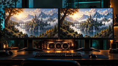 Two unbranded gaming monitors showing the same fantasy landscape, one softer and one extremely crisp, with a glowing graphics card between them