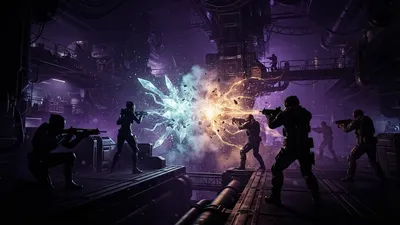 Silhouetted armored operators exchanging gunfire as cool blue-white and warm amber energy bursts collide between them in an industrial facility