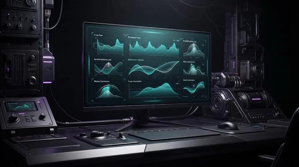 Gaming monitor displaying a teal performance-tuning dashboard with multiple frame-time and hardware-load graphs, on a sci-fi control desk