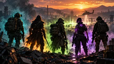Five silhouetted figures from different settings, a soldier, a hooded rogue, a gas-masked scavenger, a cyberpunk mercenary and an operator, watching a glowing extraction zone at dusk