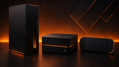 Three abstract dark gaming device shapes representing a PC tower, console and handheld, lit with warm orange accent lighting