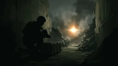 Editorial illustration of a silhouetted soldier crouched near a loot crate in a narrow corridor, with a distant extraction light