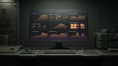 Gaming monitor displaying an amber performance-tuning dashboard with frame-time and hardware graphs, in a dim tactical command room