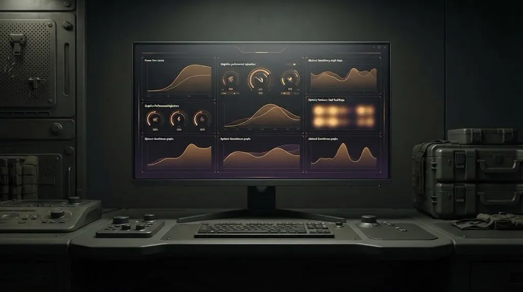 Gaming monitor displaying an amber performance-tuning dashboard with frame-time and hardware graphs, in a dim tactical command room
