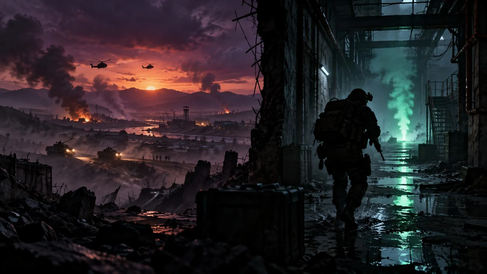 Split scene of a smoky battlefield with tanks and helicopters at dusk and a lone soldier with a heavy backpack moving through a dim industrial corridor toward a green glow