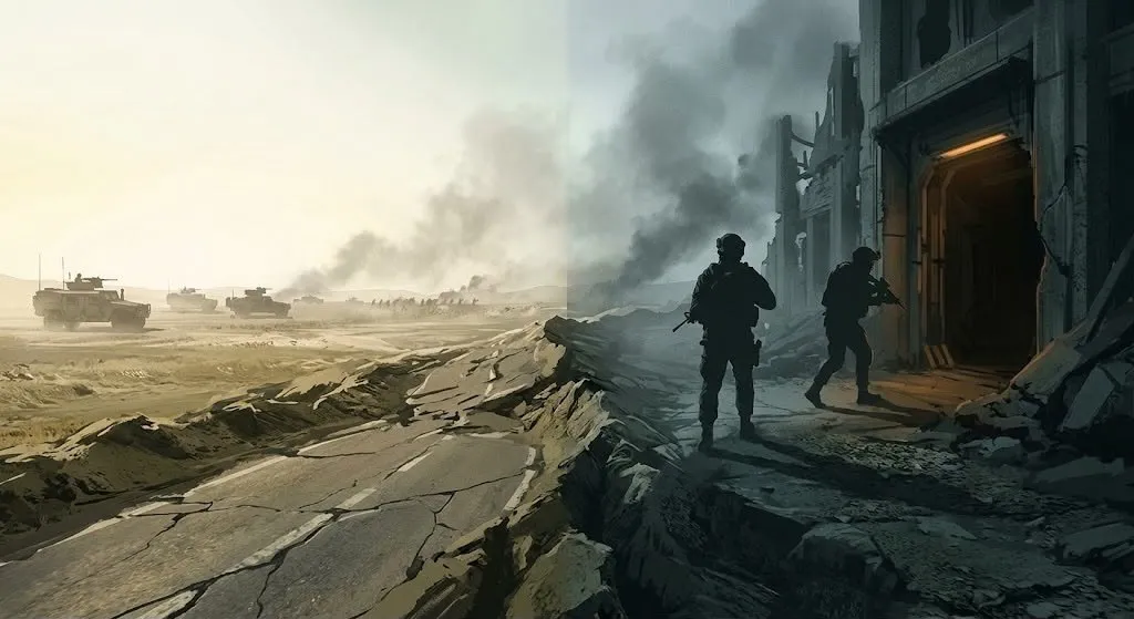 Editorial illustration contrasting a distant battlefield vehicle with two silhouetted soldiers approaching a lit doorway