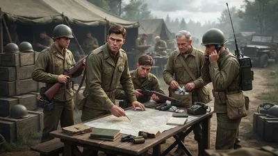 A squad of WWII soldiers gathered around a map table at a field camp, planning their next move together