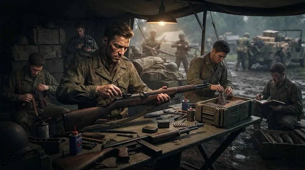 A WWII soldier repairing a rifle at a field supply table covered in ammunition, tools and spare parts, with a supply truck in the background