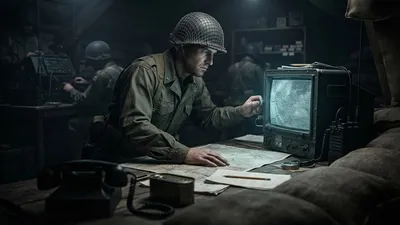 A WWII soldier adjusting dials on a period radar display screen at a command desk, map and radio equipment laid out in front of him