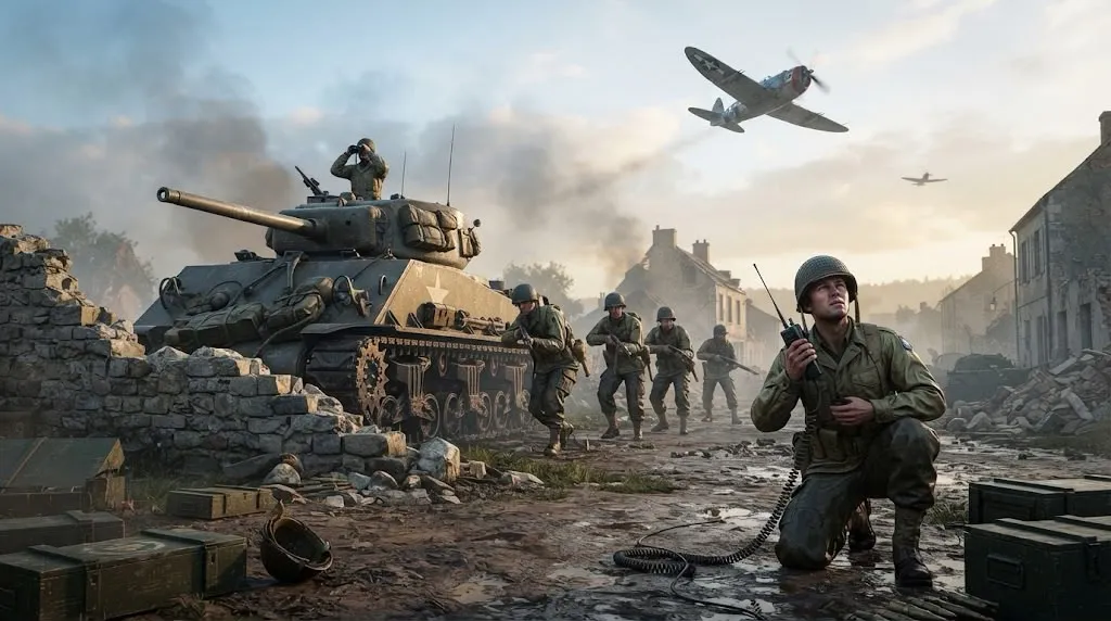 A tank and infantry advancing through a ruined WWII town street as a fighter plane flies overhead