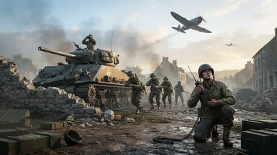 A tank and infantry advancing through a ruined WWII town street as a fighter plane flies overhead