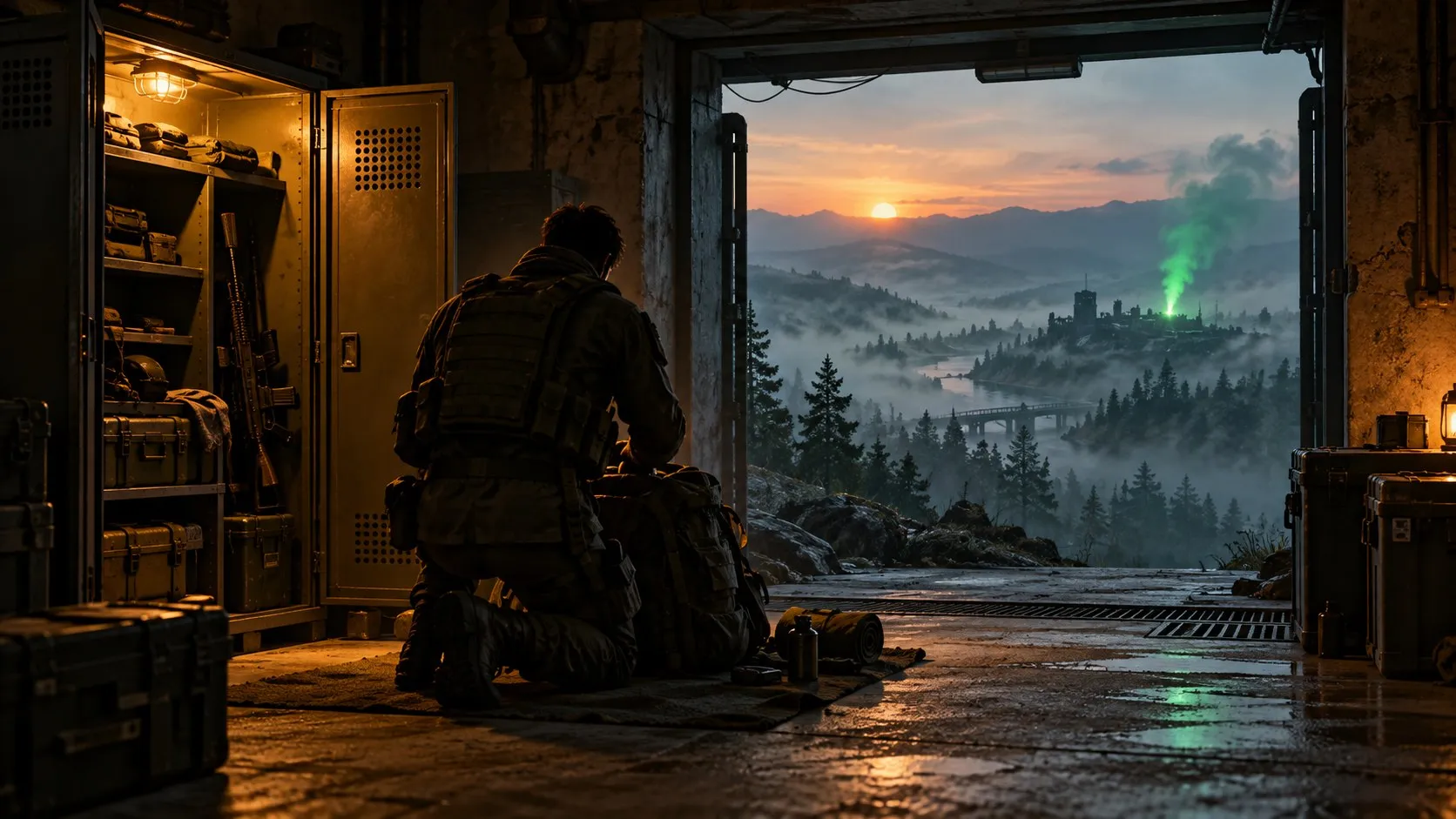 A soldier kneeling to pack a backpack by an open locker in a dim bunker, a doorway opening onto a foggy valley with a green extraction flare at dawn