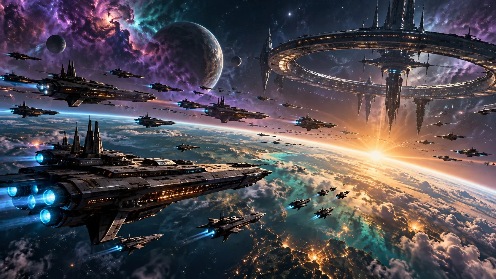 A fleet of sleek starships in formation above a glowing planet, with a massive ring-shaped space station in the background
