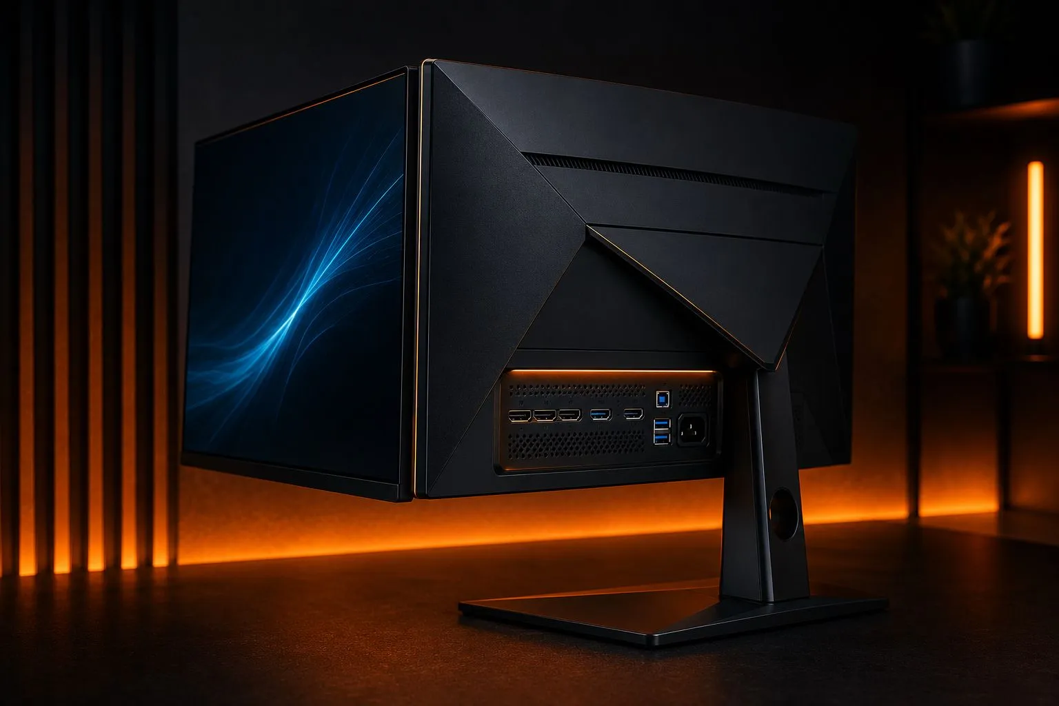Gaming monitor viewed from a rear angle showing its port cluster, with an abstract blue light pattern on screen