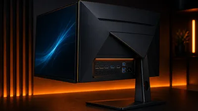 Gaming monitor viewed from a rear angle showing its port cluster, with an abstract blue light pattern on screen