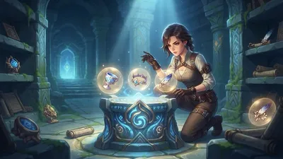 A character kneeling before an ancient glowing shrine, examining floating artifact pieces above an open chest in a ruined hall