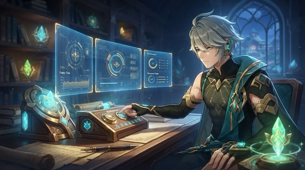 A character at a desk adjusting a glowing performance-panel display showing frame-time and stat graphs, in a fantasy study setting
