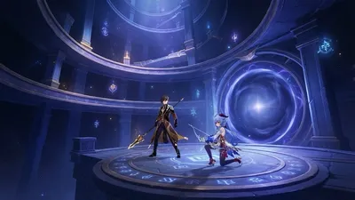 Two armed characters standing ready in a deep circular abyss chamber with tiered stone rings and a glowing portal
