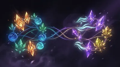 Abstract illustration of two separate clusters of glowing multicolored elemental shards connected by flowing energy lines, against a dark background