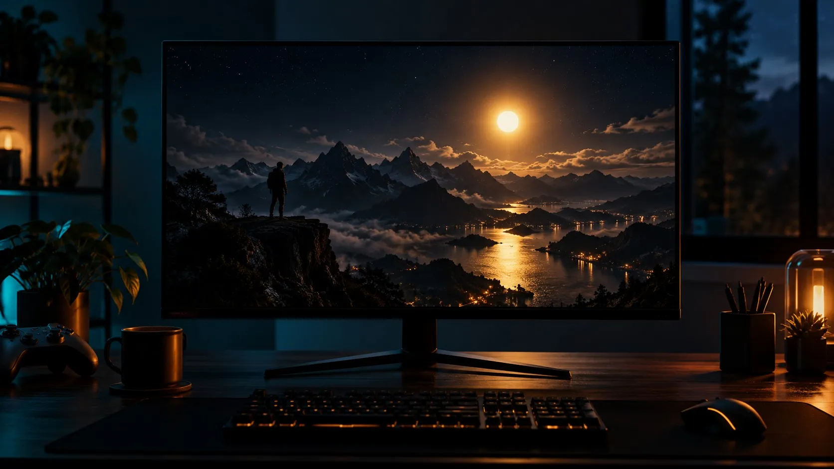 Unbranded monitor on a dark desk showing a night mountain landscape with an intensely bright sun-like highlight against deep black shadows