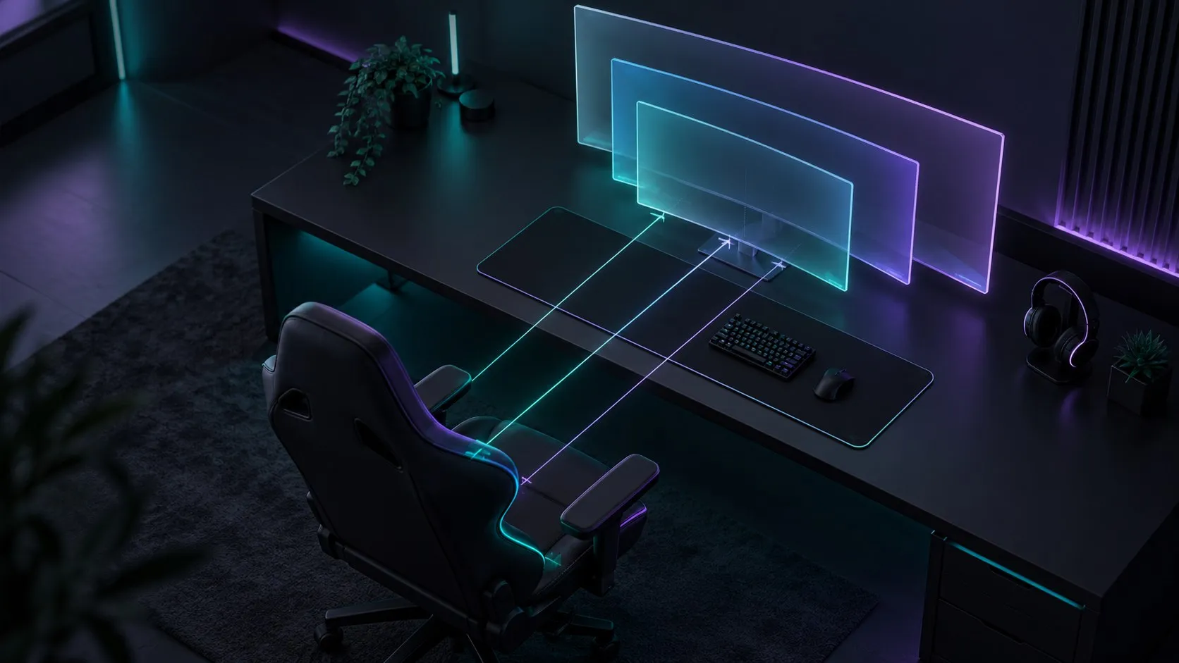 A dark gaming desk with ghosted outlines of small, medium and large monitors and glowing lines measuring the distance from the chair