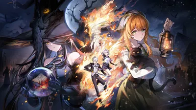 Official Neverness to Everness art: a witch with a crystal ball, characters running through flames, and a girl holding a lantern and a black cat