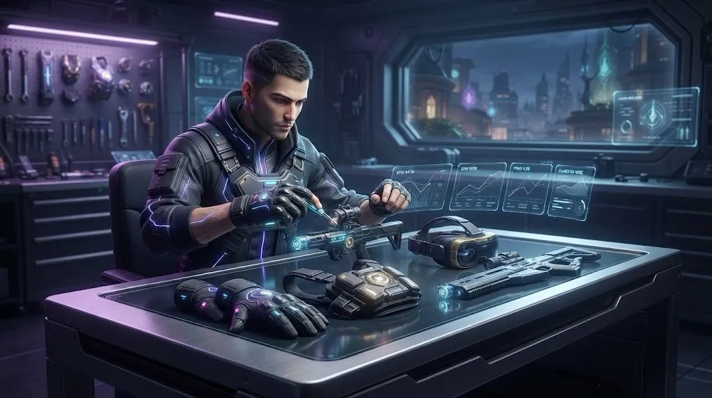 A character customizing weapons and gear at a workbench, with stat-comparison holo-panels floating above the table