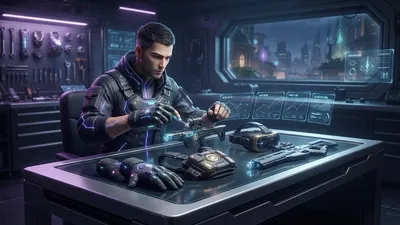 A character customizing weapons and gear at a workbench, with stat-comparison holo-panels floating above the table