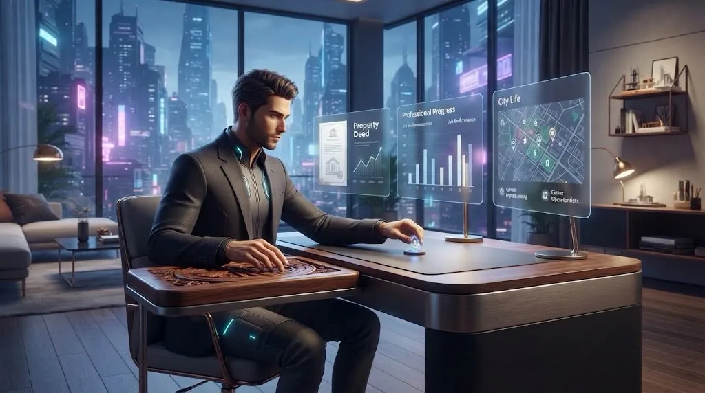 A character at a home desk viewing floating panels labeled Property Deed, Professional Progress and City Life, with a night skyline outside