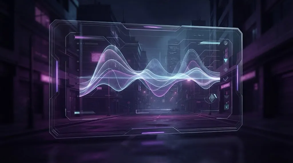 A glowing violet holographic panel displaying a waveform overlay above a dim modern city street