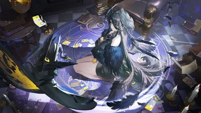 Official Neverness to Everness art: a dark-haired character with raven wings kneeling on a magic circle surrounded by cards and candles
