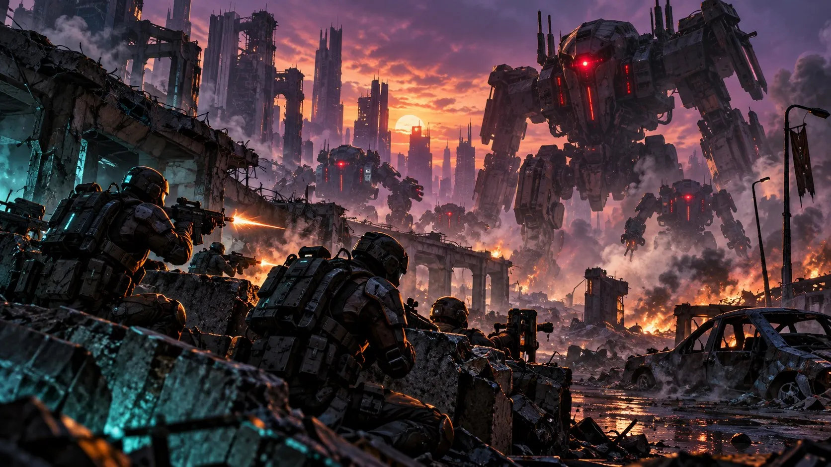 Armored soldiers taking cover behind barricades in a ruined city as giant red-eyed machines advance through the smoke
