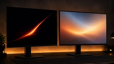 Two identical unbranded gaming monitors side by side, one showing deep high-contrast darkness with a bright streak, the other showing a softer even glow