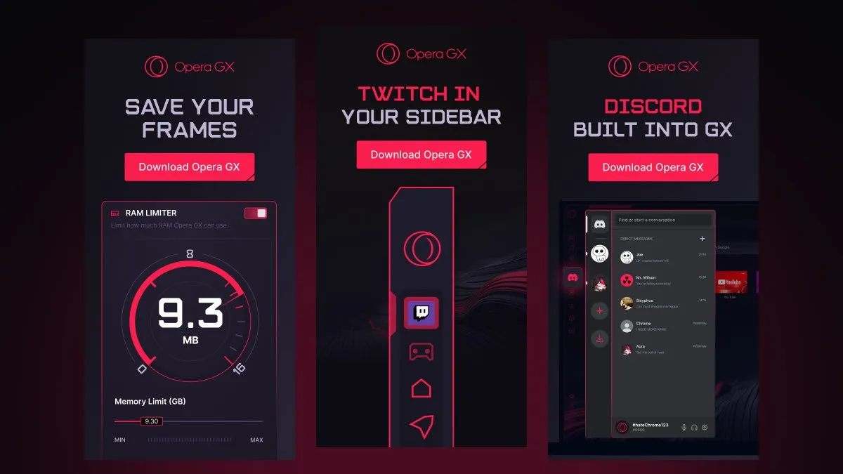 Three official Opera GX promotional panels: the RAM limiter, Twitch in the sidebar, and Discord built into the browser
