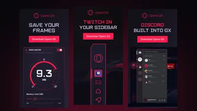 Three official Opera GX promotional panels: the RAM limiter, Twitch in the sidebar, and Discord built into the browser