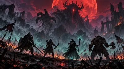 A line of silhouetted fantasy champions, a knight, an archer, a mage and a beast warrior, facing a giant shadowy boss under a red moon