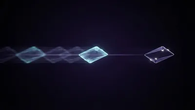 Abstract illustration of repeating translucent diamond shapes blurring into motion, sharpening into one clear crystalline shape ahead
