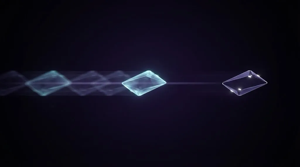 Abstract illustration of repeating translucent diamond shapes blurring into motion, sharpening into one clear crystalline shape ahead