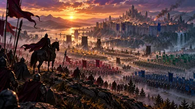 A commander on horseback overlooking several bannered armies converging on a fortified city at sunset