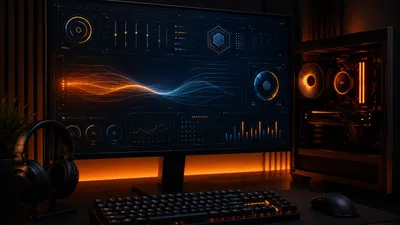 Gaming monitor displaying an abstract performance-tuning dashboard with sliders and graphs, beside an open PC tower with RGB lighting