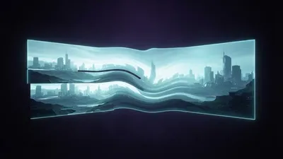 Abstract illustration of a city skyline banner split by a horizontal tear line, the two halves offset before realigning into one image