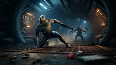 An armored Warframe character in a crouched combat stance inside a spaceship corridor, facing an approaching enemy