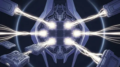 Editorial illustration of an abstract mechanical core with glowing modular slots and branching energy conduits