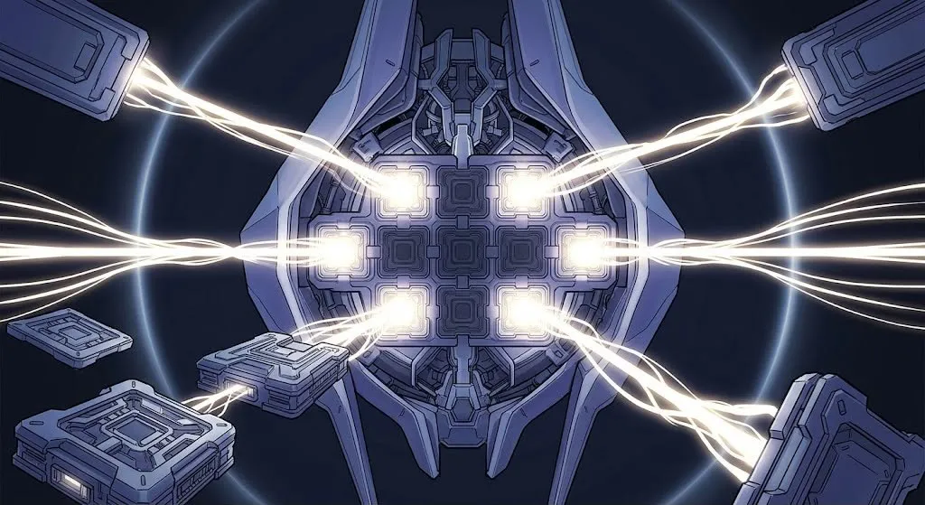 Editorial illustration of an abstract mechanical core with glowing modular slots and branching energy conduits