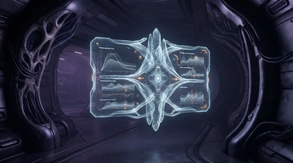 A holographic performance dashboard with multiple frame-rate graphs, floating inside an organic sci-fi corridor