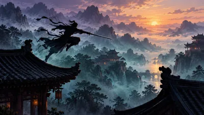 A wuxia swordsman silhouette leaping across misty temple rooftops at dawn, ink-wash mountains in the background