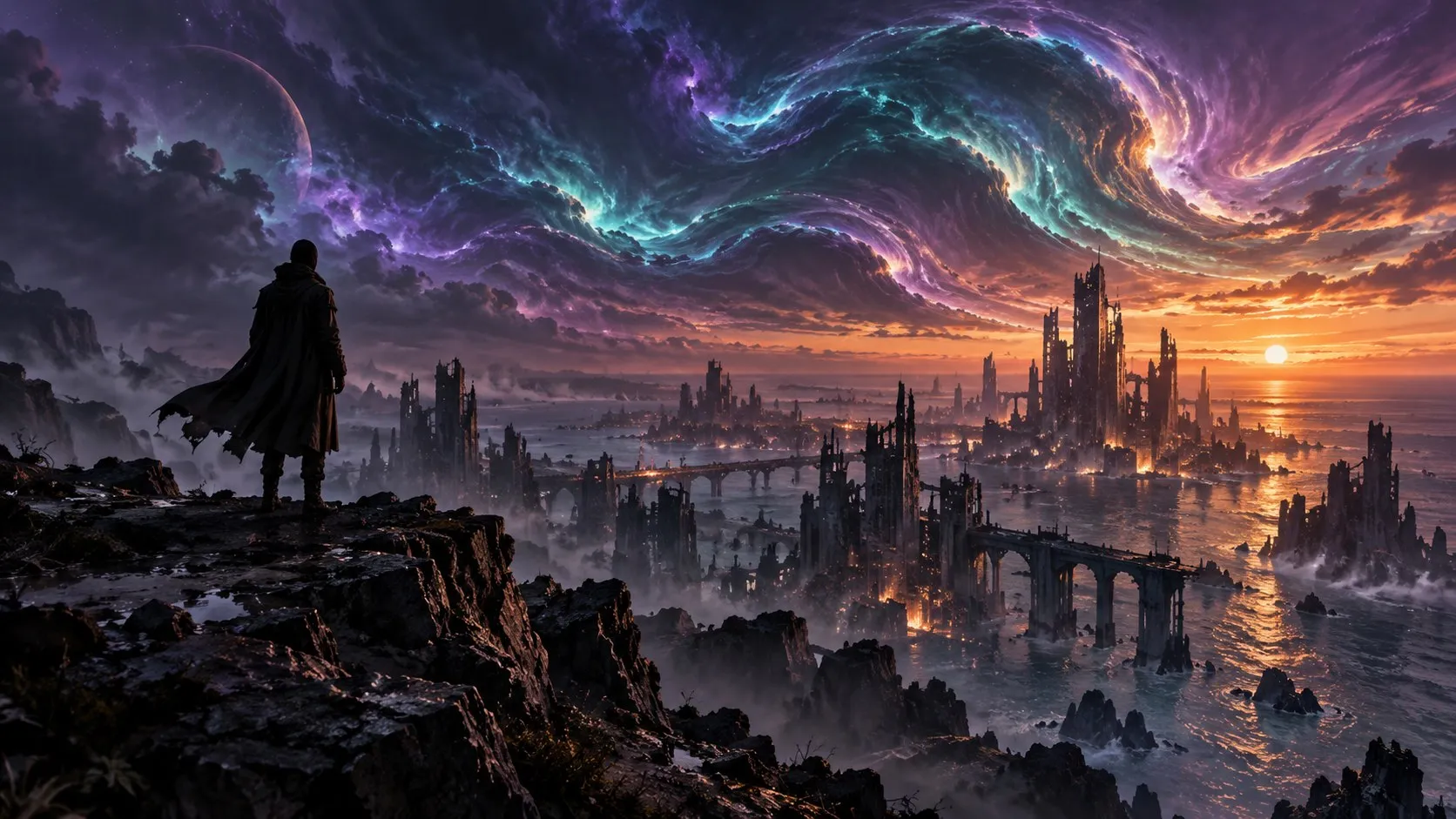 A lone wanderer in a long coat on a cliff above a ruined futuristic coastal city at dusk, glowing waves of light rolling across the sky